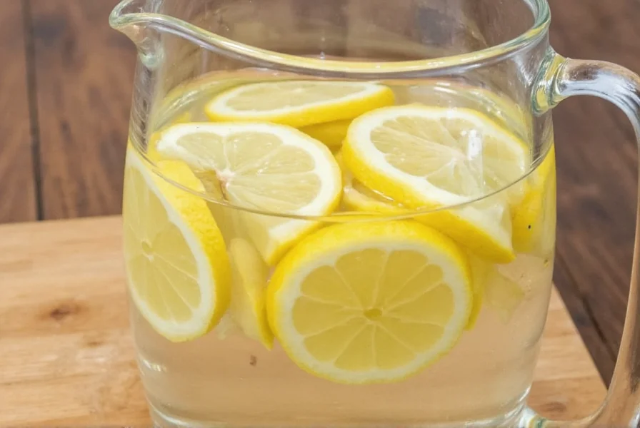 Fresh ginger slices steeping in clear glass pitcher of water with lemon slices