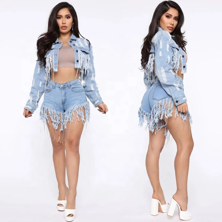 

LW-3017 Drop Shipping China Vendor Women Jeans Solid Short Hollow Ripped Tassel Straight Denim Shorts Sets 2021 woman jeans sets, Shown