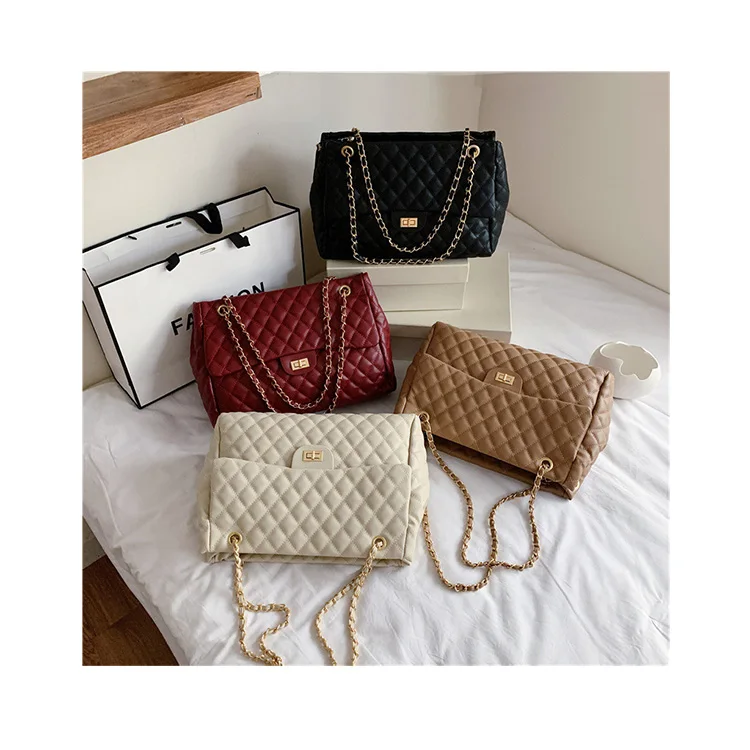 

Luxury Diamond Lattice Retro Shoulder Purses Texture Chain Female Messenger Bags 2021 Large Capacity Shopping Travel Totes Sac