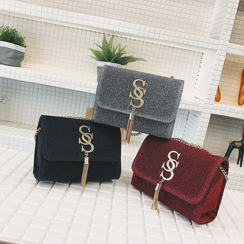 

wholesale S Letter Highlight Sequins Leather Low Price Cheap Small Handbags For Women, As the photos