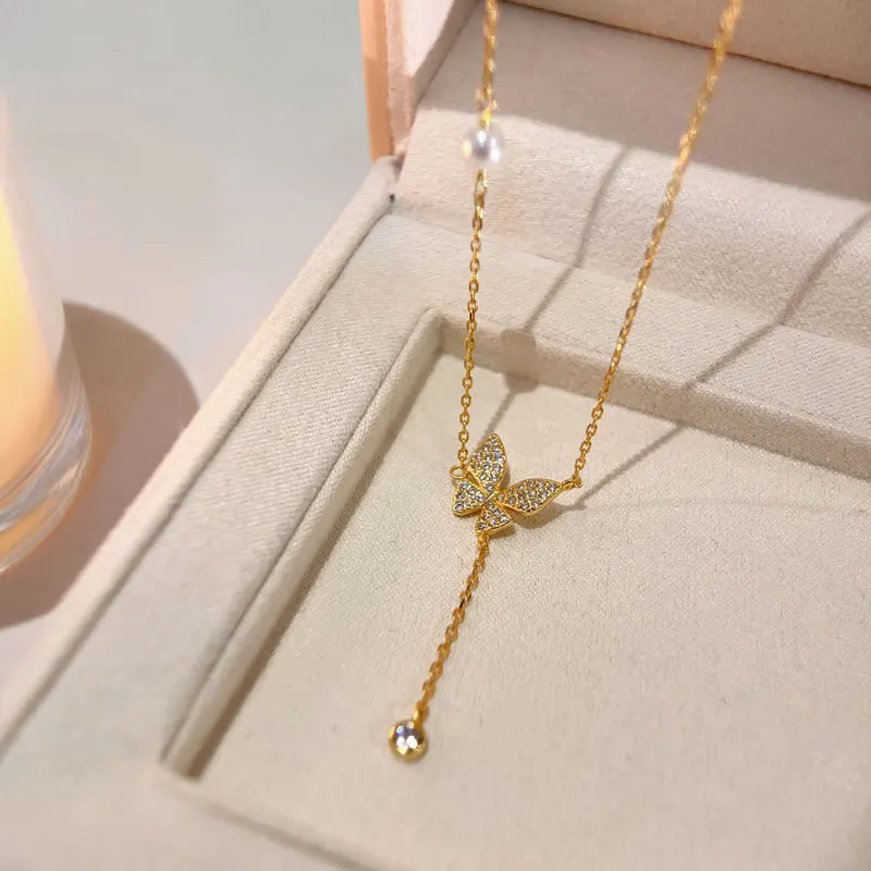 

QS679 Luxury Butterfly Choker Necklace S925 Chain Tassels Necklace Women