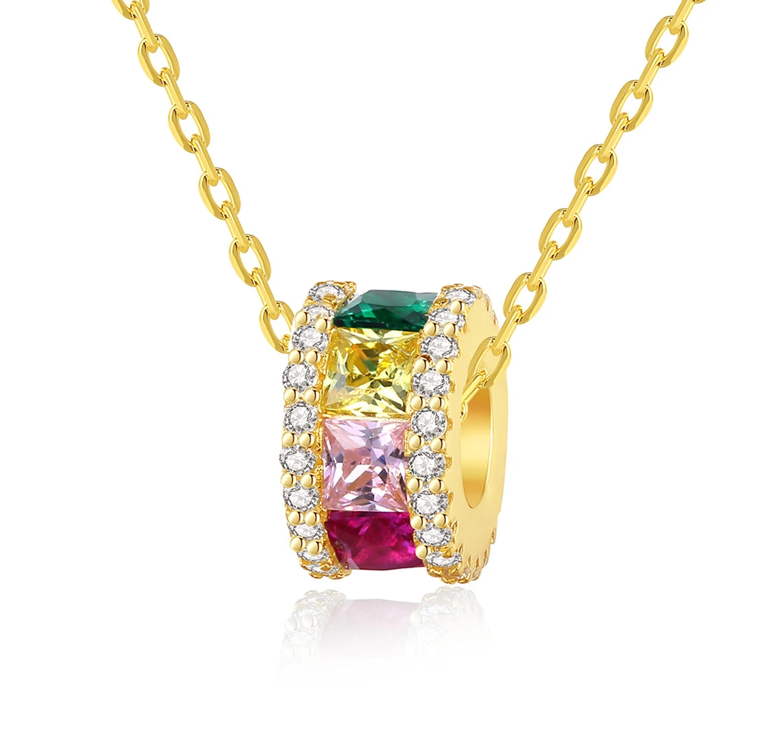 

Daidan Necklace Silver 925 Sterling Tire Shape Colorful Beaded 18K Gold Plated Cubic Zirconia Trendy Necklace