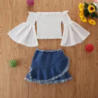 

2020 New Summer Kid Girl Outfit Clothing Set White Off the Shoulder Crop Top +Distressed Denim Skirt 2 pcs Casual Costume Set