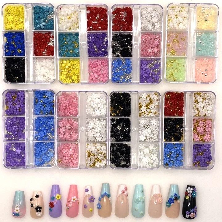 

1Bag Nail Art 3D Acrylic Flowers Mixed Size White Rhinestones Silver Gem Diy Nail Design for Nail Charms, 8colors