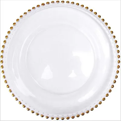 

P545 wedding table decoration clear golden glass beaded charger pates glass plate, White color
