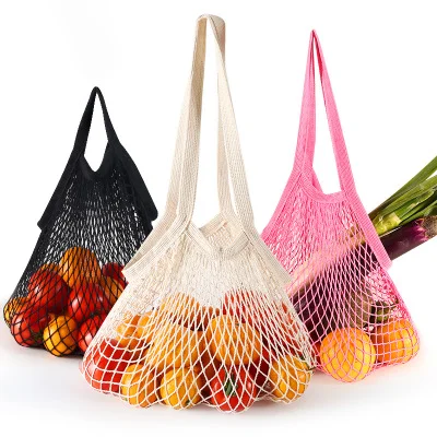 

Hot Sale Reusable Custom Logo Shopping Grocery Bag Long Handle Tote Mesh Net Woven Cotton Shopping Bag