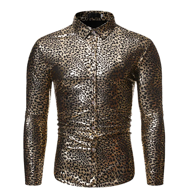 

2020 Spring and Autumn Nightclub Party Casual Metal Leopard Foil Gold Printing Men's Long Sleeve Shirts