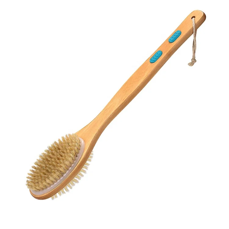 

Long Handle Double-Sided Wet or Dry Shower Brush/ Silicone Wooden Bath Brush with Soft and Stiff Bristles, Natural + blue rubber