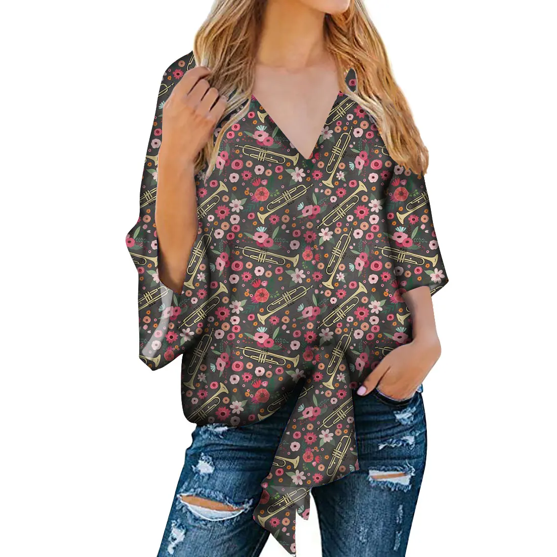 

New Trendy 2021 Floral Musical Summer Wholesale Color Women Clothing Short Sleeve V-neck Lady T Shirt Factory Maternity Tops