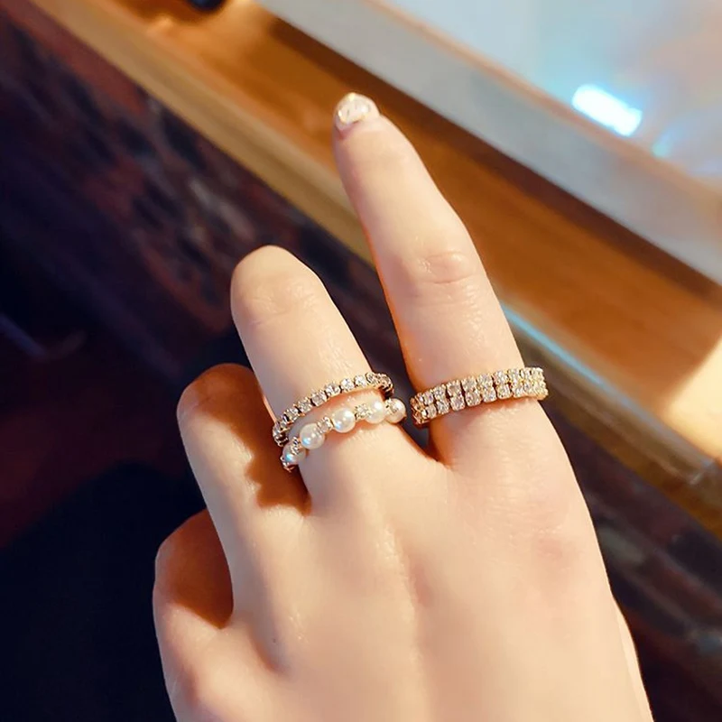 

Stylish Fashion Luxury Rhinestone Adjustable Rings For Women Students Elegant Pearl Mid Finger Knuckle Rings Jewelry