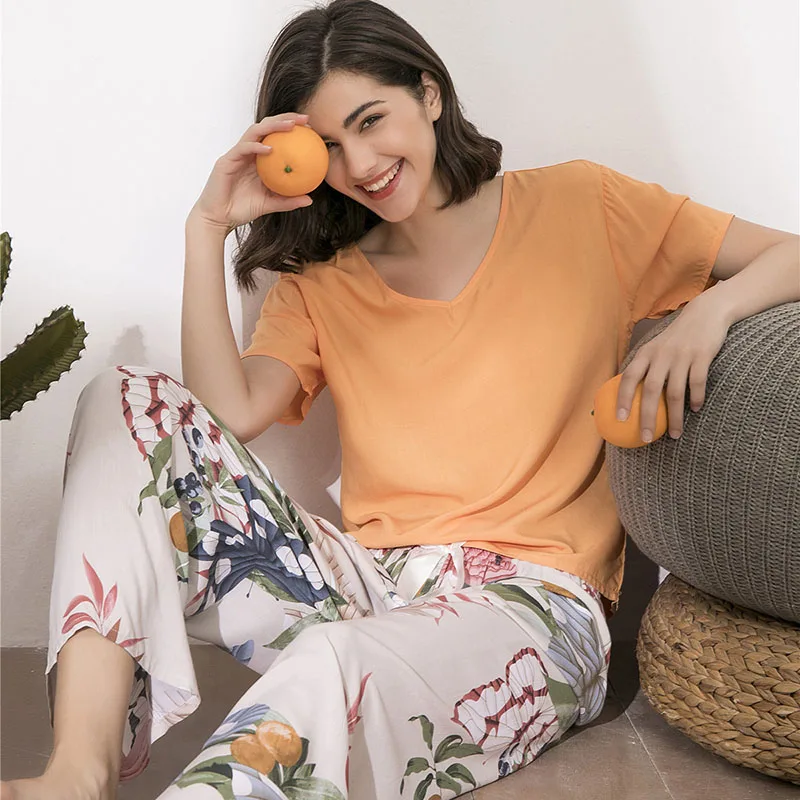 

JULY'S SONG Floral Printed Women Pajamas Set Viscose V Neck Short Sleeve Sleepwear Female Casual Night Wear Pyjamas, 8 colors as shown