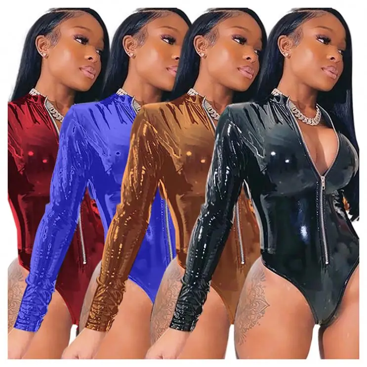 

Hot Sale Zipper Cool Sexy Fashion Clothing 2020 Women Tops Sexy Jumpsuit Long Sleeve Bodysuit For Women, Burgundy,brown,black,blue
