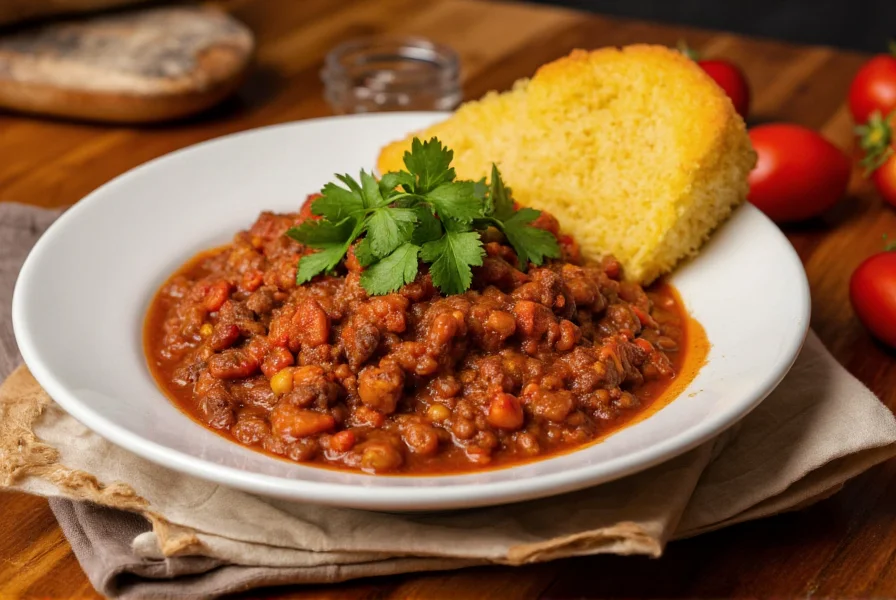 Bowl of traditional Texas-style chili con carne served with cornbread and garnished with fresh cilantro