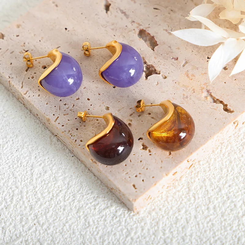 

Wholesale Simple Stainless Steel With Gold Plated Purple Brown Resin Earrings Fashion Jewelry For Women