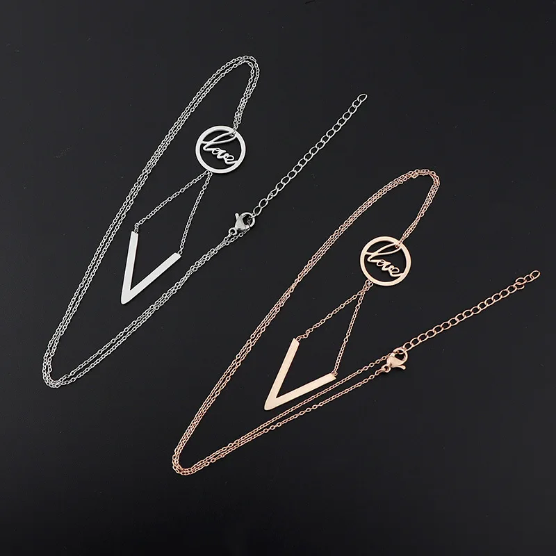 

Fashion Titanium Steel LOVE Hollow Letter Necklace Temperament Clavicle Chain V-shaped Exquisite Double Pendant Sweater Chain, Picture shows