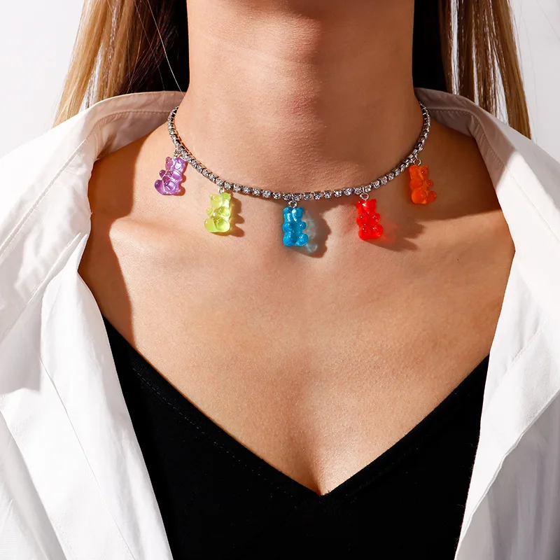 

Fashion Rhinestone Choker Necklaces Bead Chain Candy Colorful Bear Pendant Charm Choker Necklace LY48