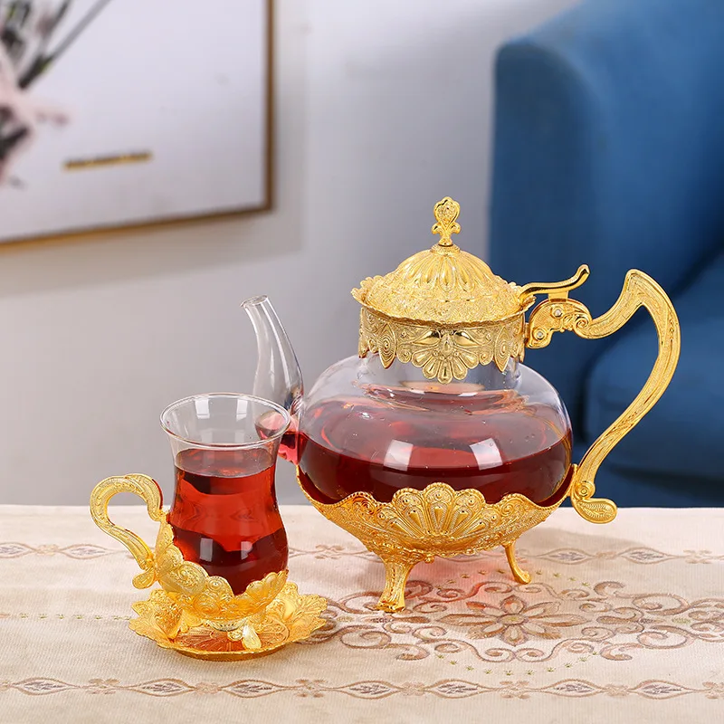 

Qian Hu Vintage Clear Turkish Tea Pot Glass Teapot Set with Arabic Style Gold Metal Holder, Multi color