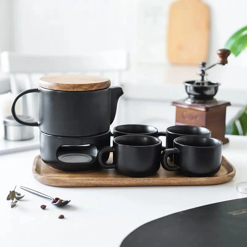 

New Arrival Nordic Luxury Afternoon Tea Set Ceramic Coffee Tea Cup Table Sets With Porcelain Candle Heating Base, Matte white/black,any pms colour is accepted