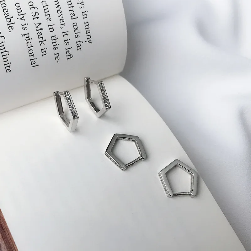 

European S925 Silver Jewelry Geometric Pentagon Earring 925 Sterling Silver Surround Pentagon Hoop Earring For Girls