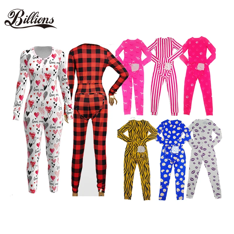 

Good Quality Custom Romper Cotton Onesie Silk Pink Strip With Butt Flap Sexy Adult Sleepwear Pyjamas Winter Women Pajama Sets, Picture