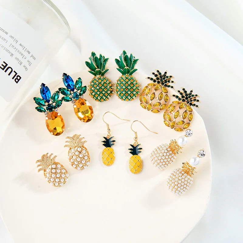 

e0856 High Quality Tropical Fashion Dainty Fruit Yellow Crystal Rhinestone Pearl Pineapple Jewelry Earrings In Bulk Designers