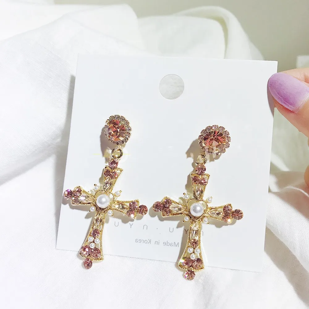 

Korea Pink Diamond Crystal Cross Earrings for Women Ladies Retro Earrings Female Fashion Jewelry, As picture