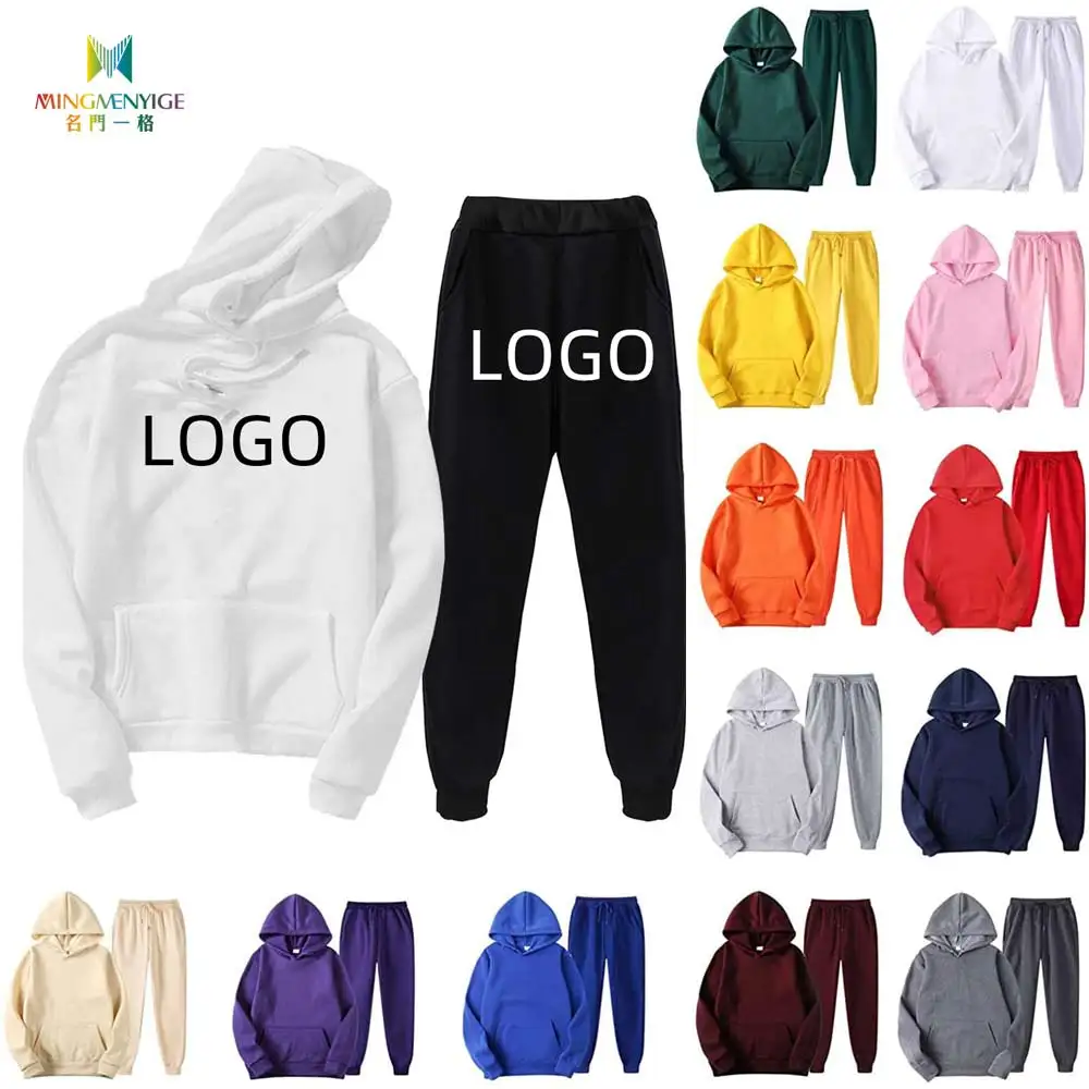 

Unisex Blank Plus Size Wholesale Custom Logo Premium Fleece Pink 2 Two Piece 2021 100% Cotton Women Mens Hoodie And Jogger Set