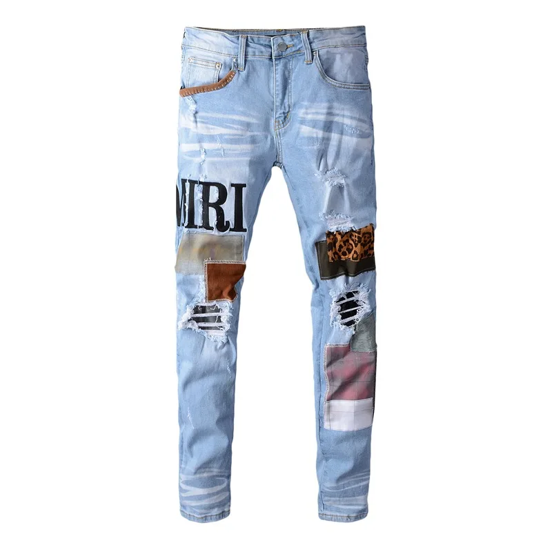 

men clothing Light Blue Embroidery Patch Hip Hop Men's Jeans