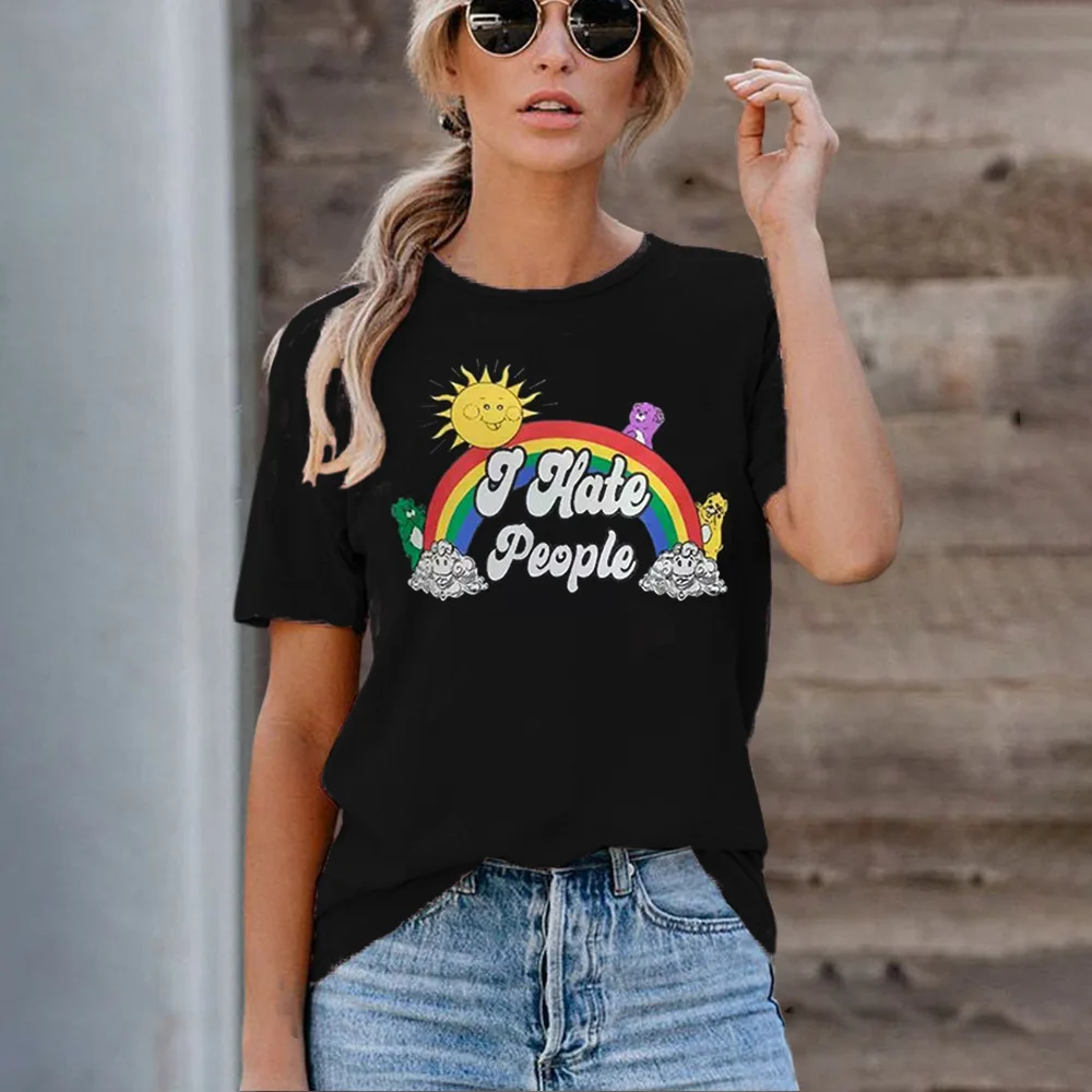 

Hot sale women's tops rainbow pattern printed round neck short sleeve t-shirt, Picture color