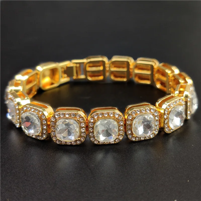 

12mm Copper Square Zircon Chain 1 Row Bracelet Hip hop Bling Jewelry Gold Silver CZ Tennis Chain Link Bracelet Iced Out