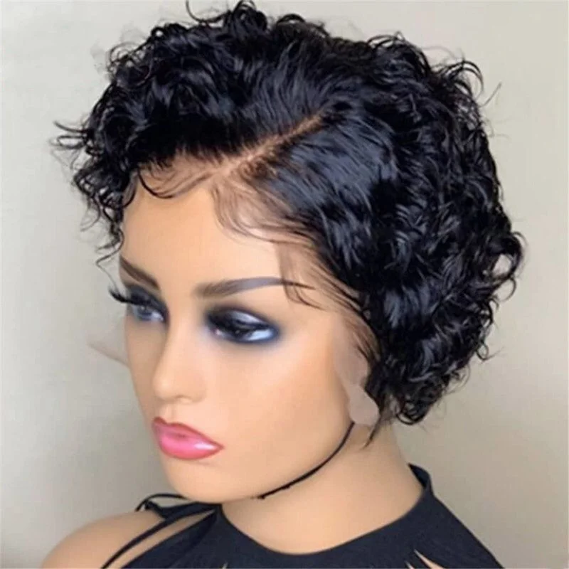 

Glueless Short Pixie Curly Bleached Knots Virgin Remy Brazilian Human Hair Lace Front Wig With Baby Hair