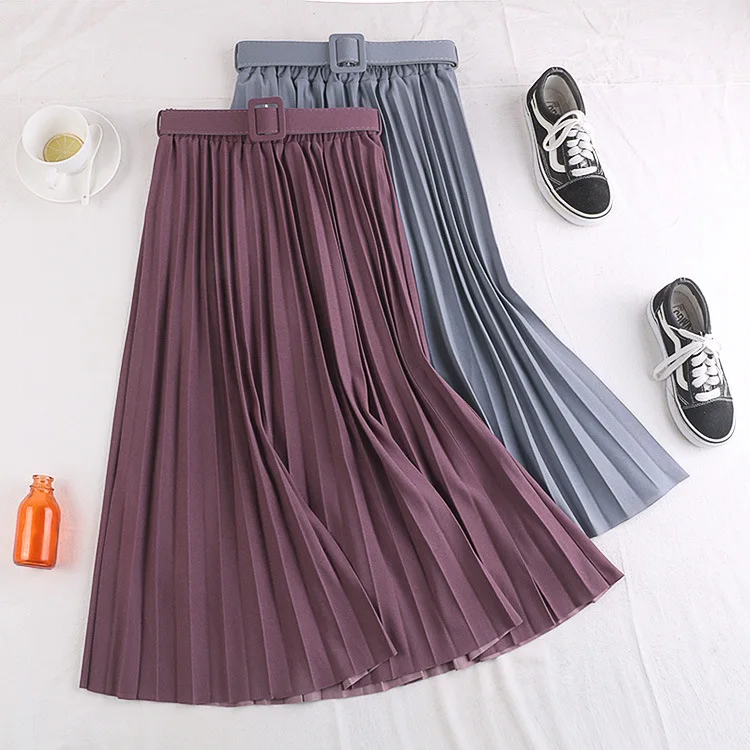 

Autumn Winter High Waist Women Skirt Casual Vintage Solid Ladies Fashion Simple Belted Long Pleated Midi Skirts AL0168, Black blue red pink purple brown