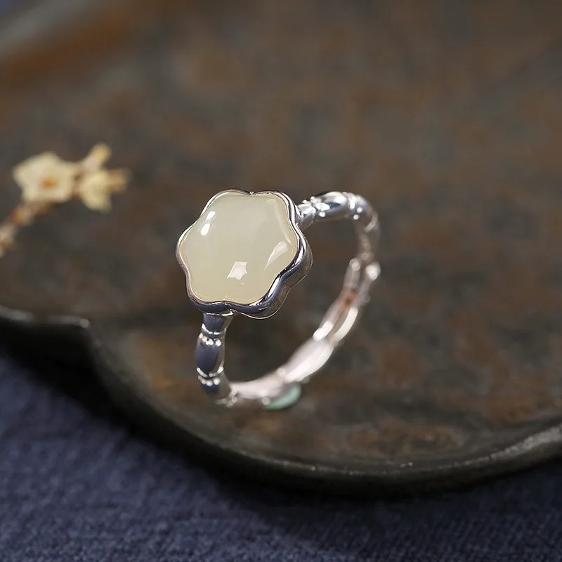 

Simple Fashionable Personality Opening S925 Sterling Silver Hetian Jade Flower Ring For Women