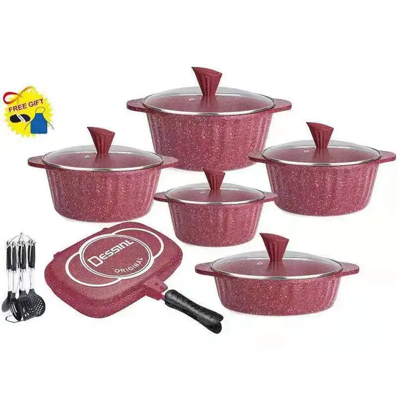 

Dessini brand 21 pieces medical stone pan set non-stick set top grade pan, Red/pink