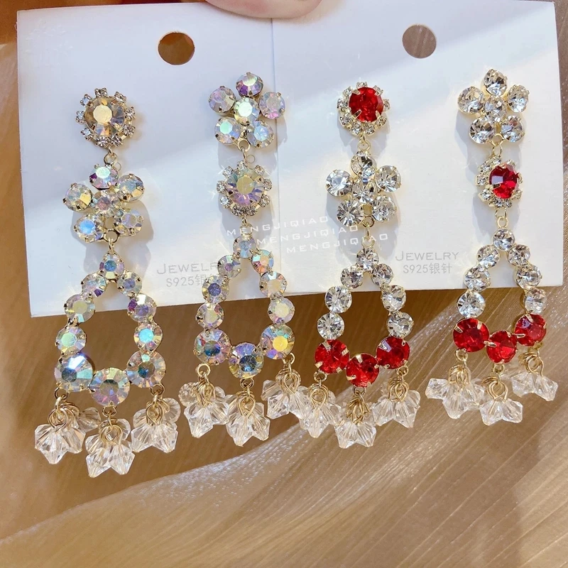 

Kaimei Girls Statement Fashion Temperament Party Jewelry Korean Asymmetric Flower Crystal Long Dangle Earrings For Women, Many colors fyi