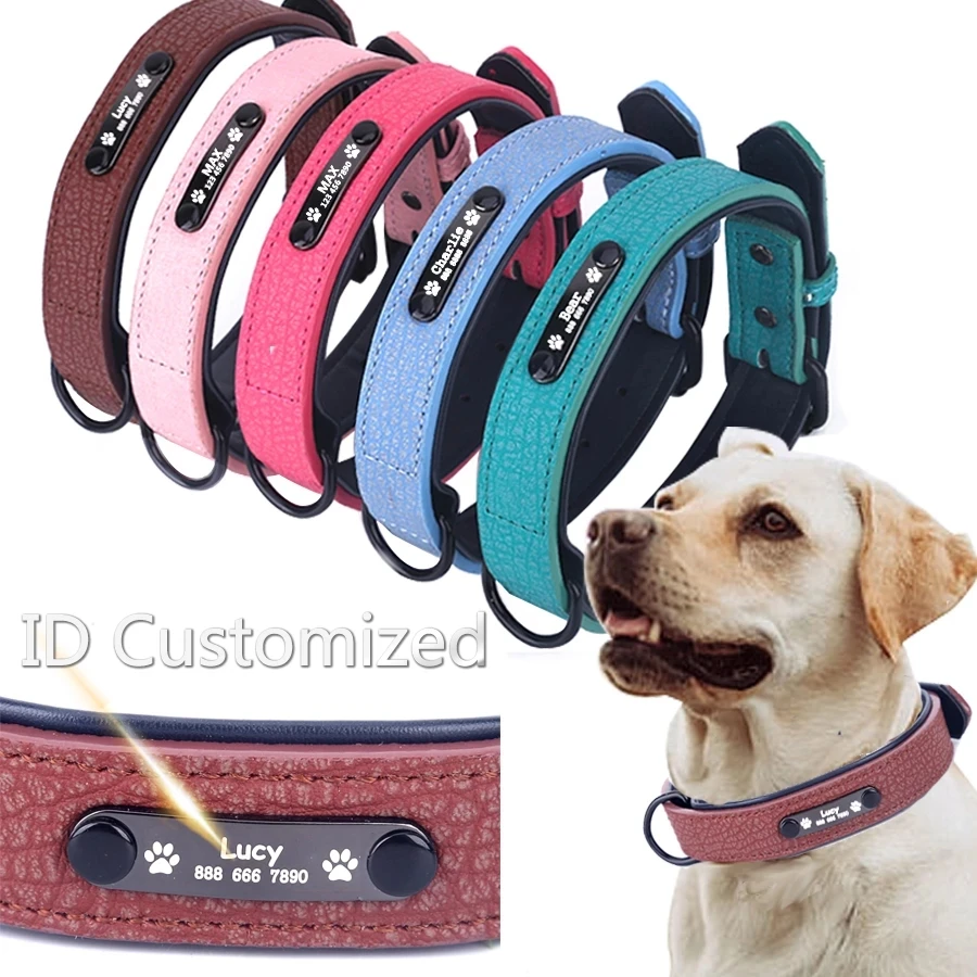 

Personalized Dog Collar Adjustable Soft Leather ID Tags Pet Accessories laser engraving Free