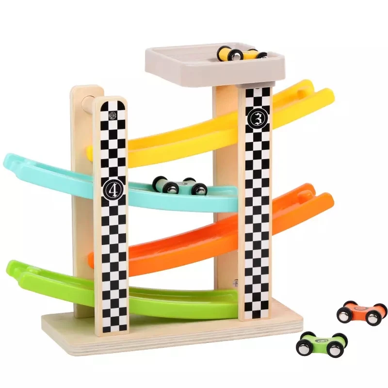

Wooden Montessori Educational Toy Race Car Track Wooden Race Track Car Ramp Racer with 4 Mini Car