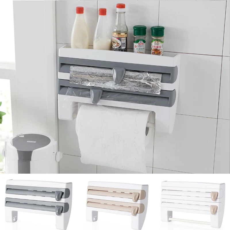 

Preservative Film Cutter Kitchen Accessories Storage Rack Aluminum Foil Barbecue Paper Tissue Towel Holder Hanging Rack, White, khaki, grey