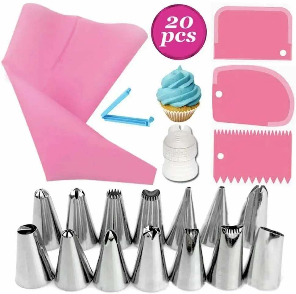 

20pcs Icing Decorating Set Cake Decoration Equipment Pastry Bag + Piping Nozzles, As picture show