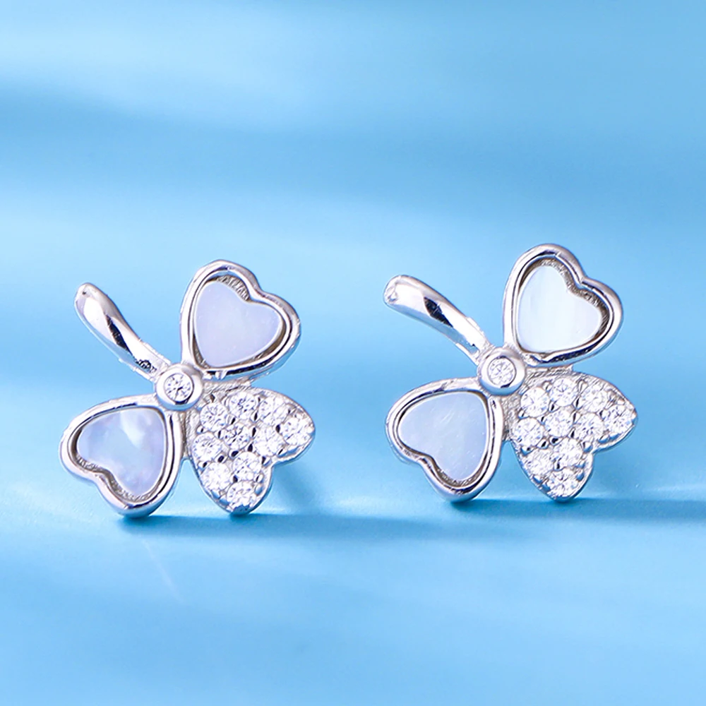 

Fashion Trending Design 925 Sterling Silver Jewelry Four Leaf Clover Stud Shell Earring Jewelry With Cubic Zircon