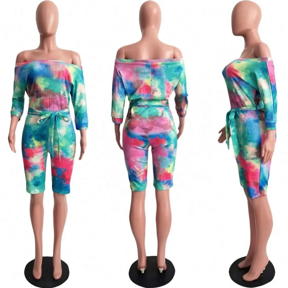 

2021 Summer Sexy Women 1 Pece Jumpsuit Off Shoulder Tie-Dyed One Piece Jumpsuit With Capris