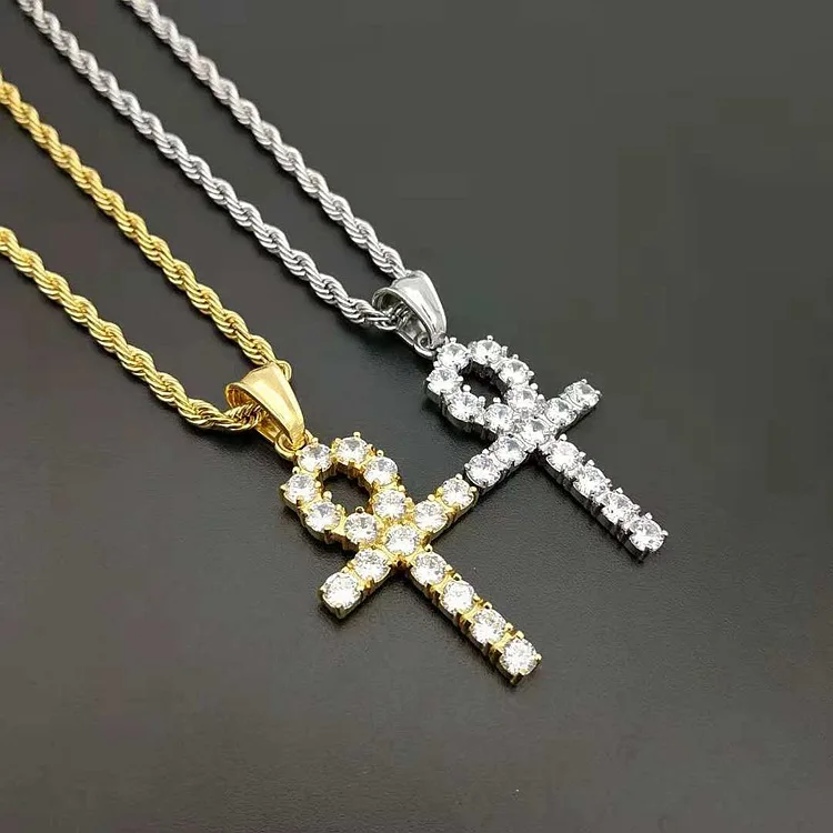 

Hotselling Hips Hops Pave Cubic Zirconia Ankh Cross Pendant Necklace Religious 316L Stainless Steel Ankh Cross Pendant Necklace, As picture shows