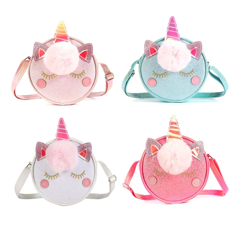 

Newly round shape fur pom pom glitter cute unicorn bags baby girls shoulder purse bags, As picture show