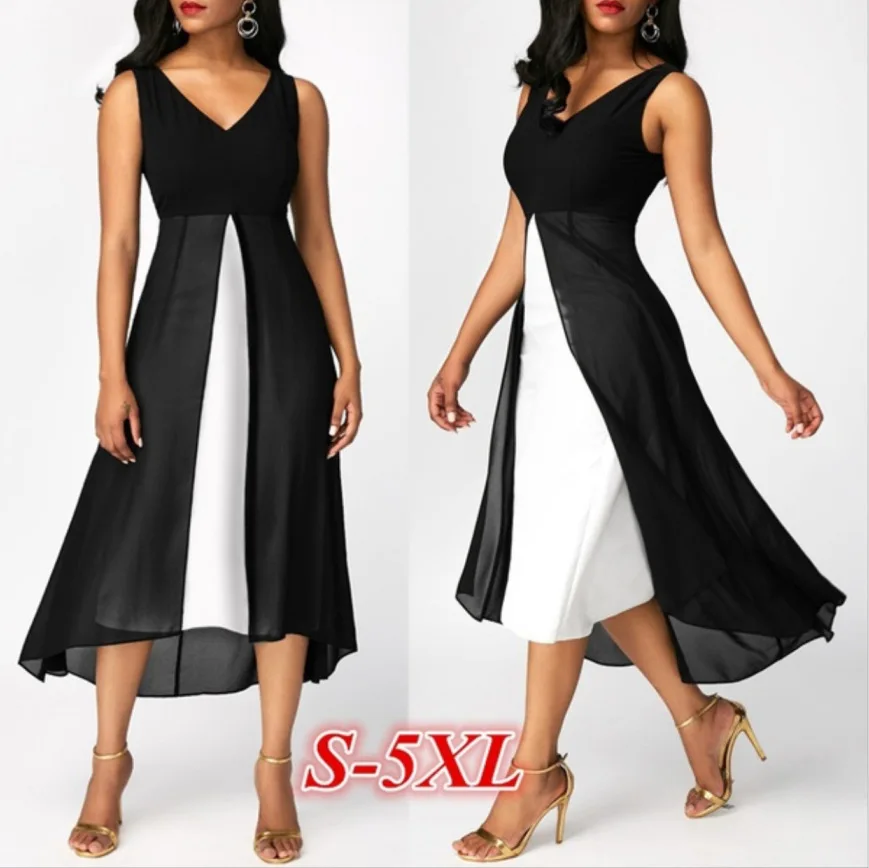 

2021 new Women Summer Patchwork Printed Dress V-neck Sleeveless Chiffon Party Dress Plus Size Dresses Clearance Price Hot Sale, Leopard