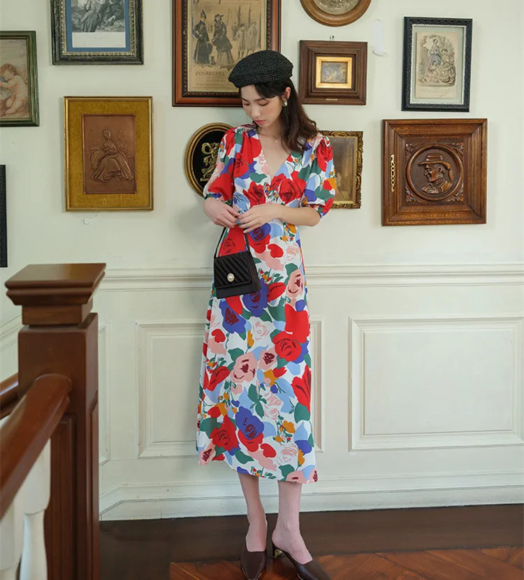 

Korean Style Women Vintage Summer V Neck Bubble Sleeve Floral Print Midi Dress