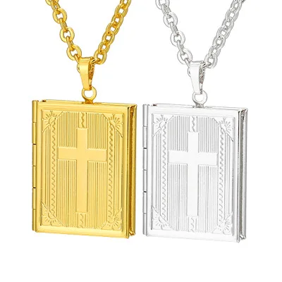 

2021 New Silver Gold Plated Cross Photo Frame Locket Pendant Necklace Geometric Square Crucifix Photo Floating Locket Necklace