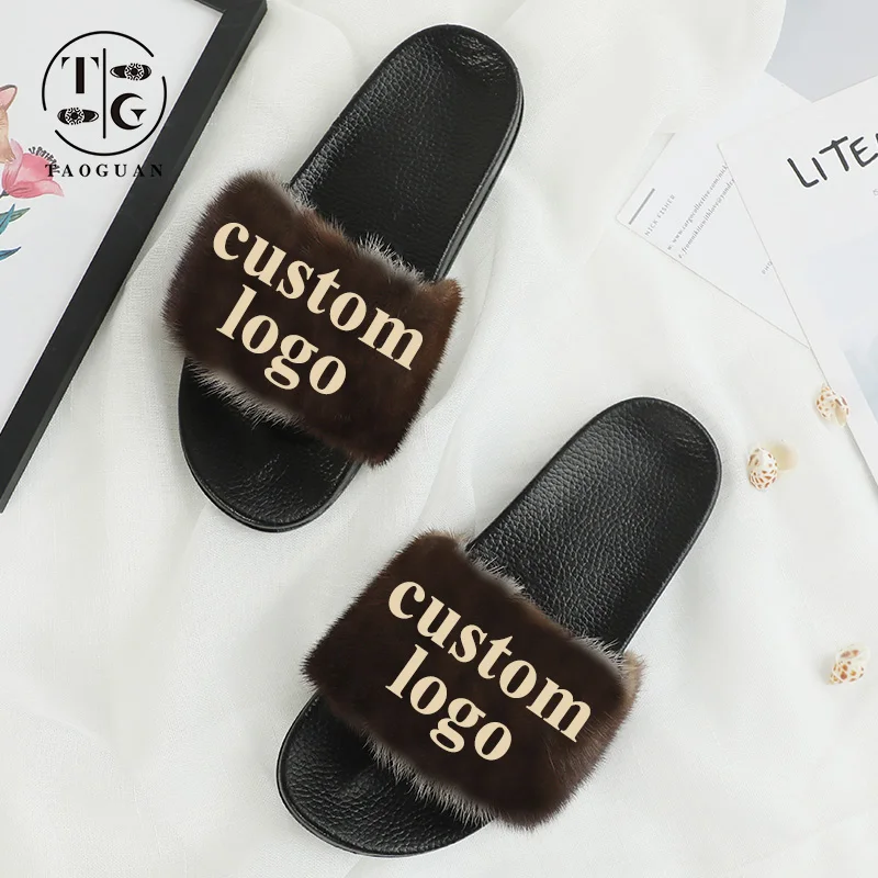 

Custom logo brown faux fur and real mink slippers woman fur slides with jelly purse set, Customized color