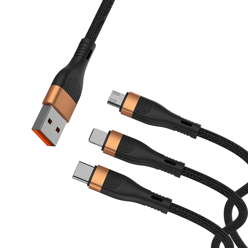 

6A super high current 100W current support fast charging 3 in 1 nylon braided cable For mobile phones, Orange red/black gold/dark green