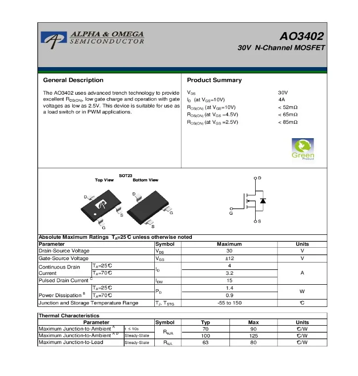 质量好的 mosfet ao3402 sot-23-3 4a 30v