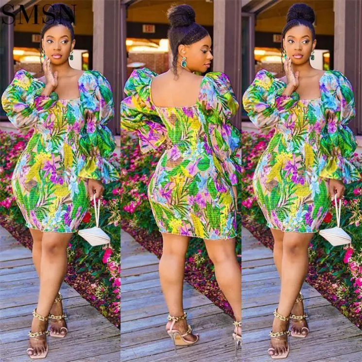 

Hot Sale Fashion Sexy Square Collar Printed Puff Sleeves Woman Dresses New Arrivals 2021 Classy Dresses